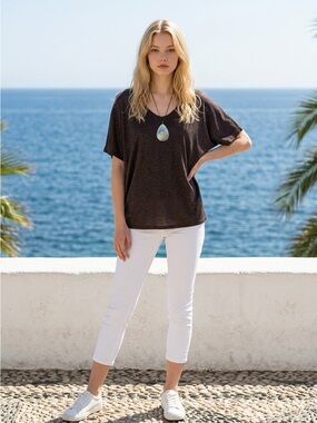 Vince Metallic Black Short-Sleeve V-Neck Top